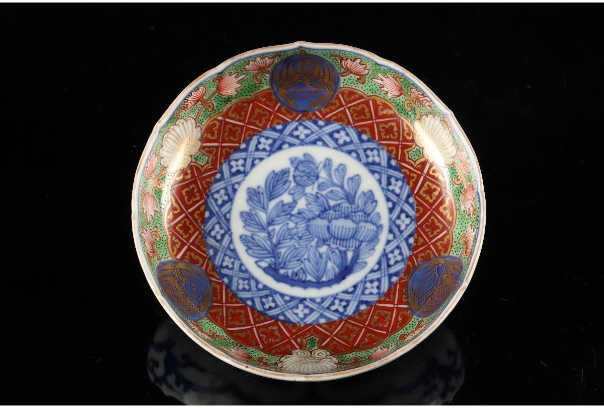 URA]富貴長春/大聖寺伊万里色絵染付花草図小皿14客/4-1-116(検)骨董