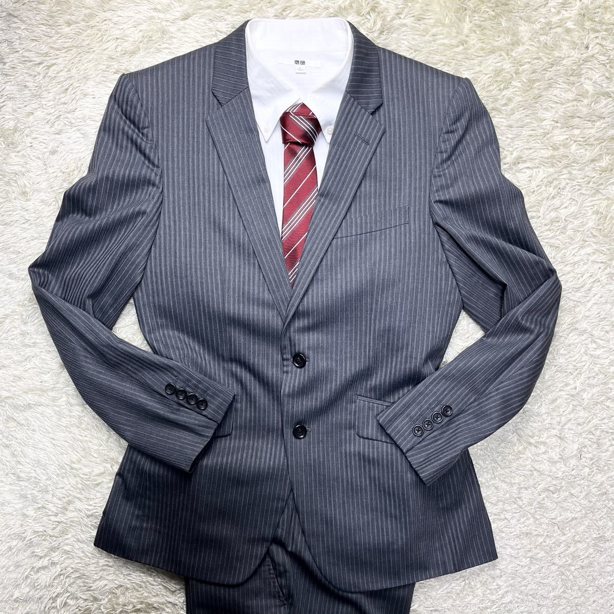TAKEO KIKUCHI セットアップスーツ グレーストライプ 2 美品】 TAKEO KIKUCHI MICRO SILK FIBER 2B セットアップ スーツ