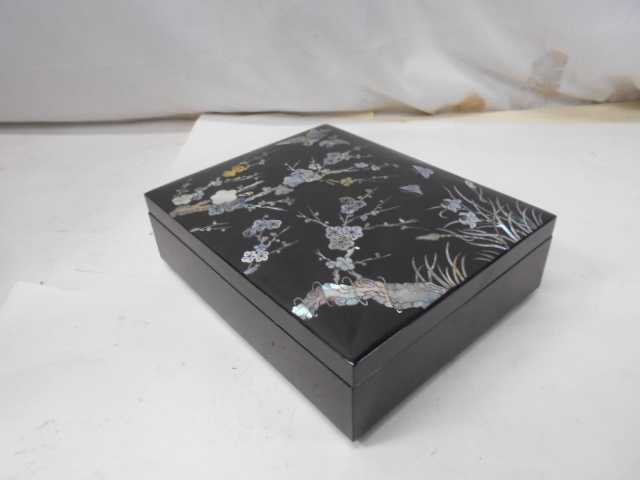 大雅堂3011 花鳥紋螺鈿細工文箱 木製漆塗り 良質青貝美品 文房具 書