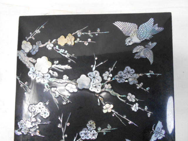 大雅堂3011 花鳥紋螺鈿細工文箱 木製漆塗り 良質青貝美品 文房具 書