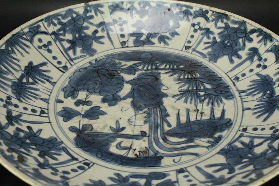 銀閣】中国美術 呉須 青花 花鳥紋 盤 φ36cm 明 旧家蔵出(FA828)