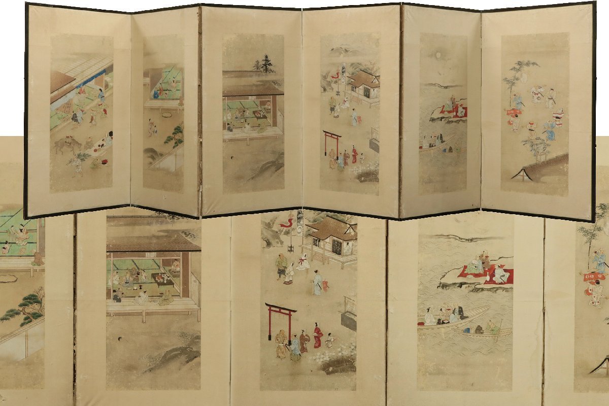 セール，爆買い 慶應 本物保証 江戸時代 肉筆古画 紙本著色 年中行事風俗図屏風 六曲一隻(掛軸)｜売買されたオークション情報、yahooの商品情報をアーカイブ公開 - オークファン 掛軸
