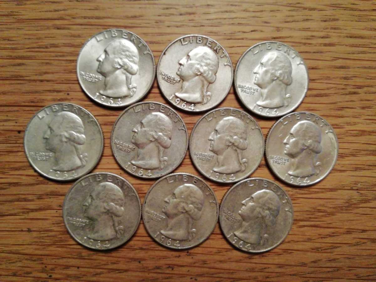 アメリカ ワシントンコイン 銀貨 1964年 10枚① 25セント クォーター