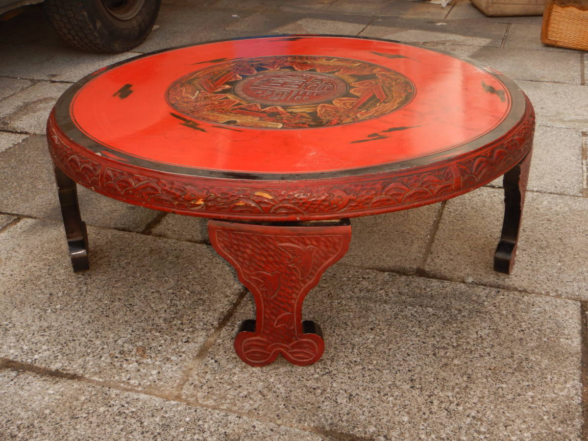 唐木 円卓 座卓 彫刻 中国 骨董 十全 アンティーク 