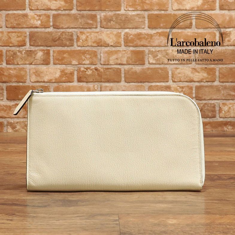 1円/L’arcobaleno/訳 クラッチバッグ 上質レザー やぎ革 ソリッド 無地 ファスナー ハンドメイド ラルコバレーノ 新品/アイボリー/gb438/