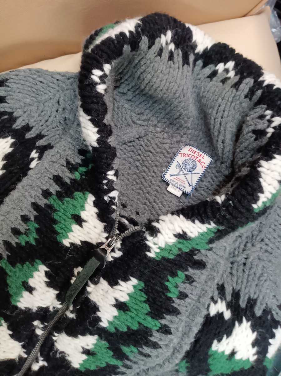 冬祭！良品・ DIESEL・人気・ネイティブ柄・ZIP・ニットブルゾン・カウチンセーター・グレーXグリーン・S・即決送料無料！