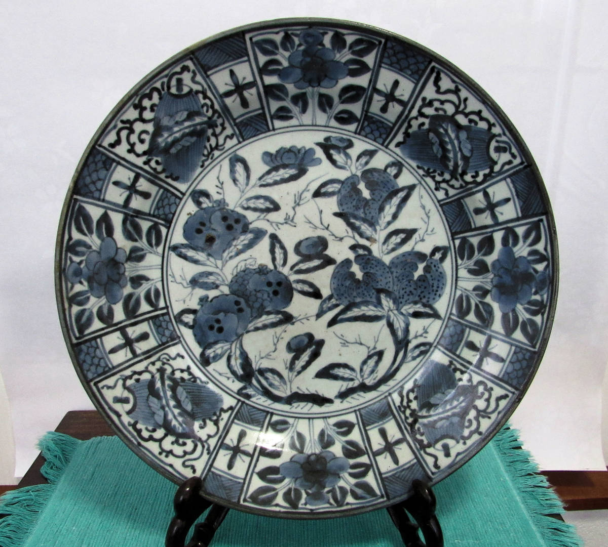 骨董　アンティーク　陶磁器　江戸前期　古伊万里　染付柘榴文　芙蓉手大皿　茶道具