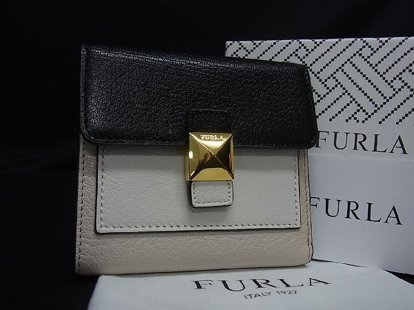 1円 ■新品■未使用■ FURLA フルラ ディーヴァ レザー 三つ折り 財布 ウォレット レディース ライトベージュ系×ブラック系 BB4832キk