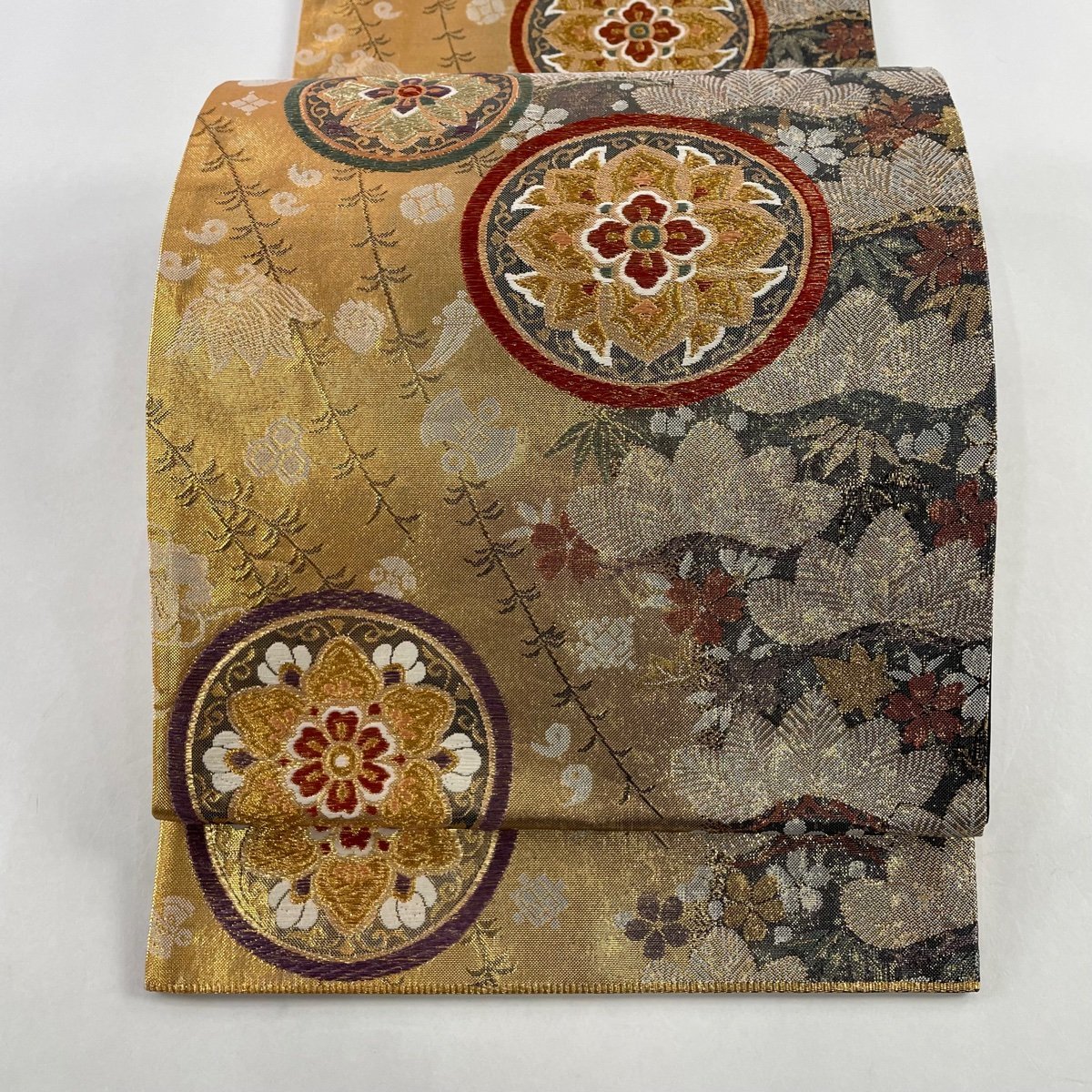袋帯 美品 秀品 華文 松竹梅 箔 金糸 金色 六通 正絹 【中古】