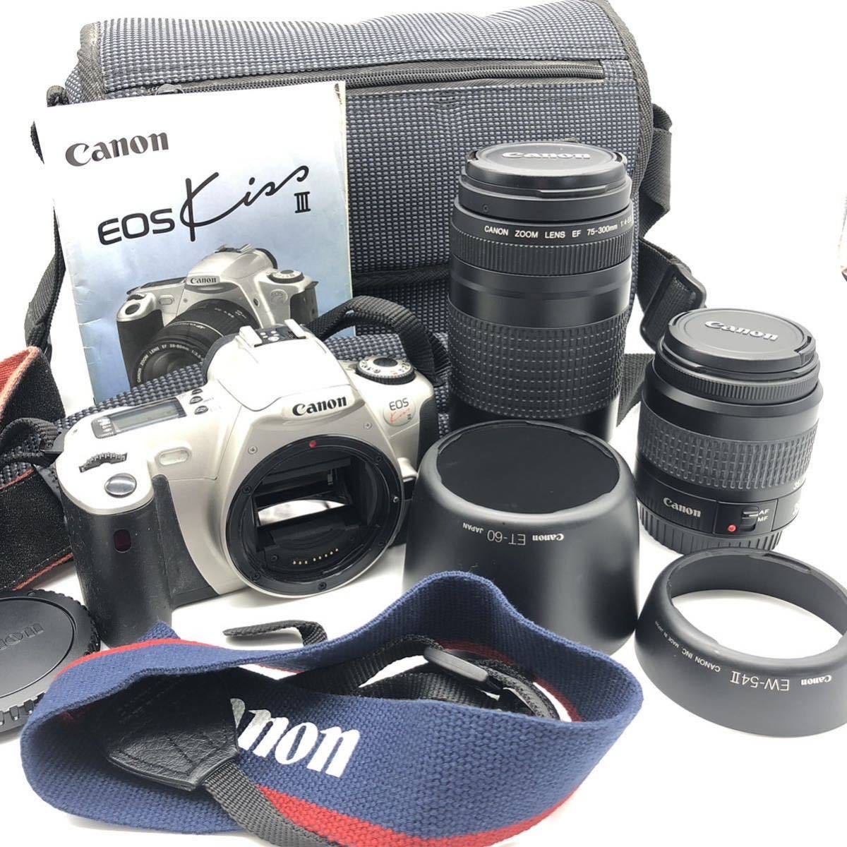 激安大特価，SALE FN7843S 1000円スタート Canon キャノン EOS Kiss Ⅲ 一眼レフ フィルム カメラ ZOOM LENS EF 35-80㎜ 1:4-5.6 &phi;52㎜ 75-300㎜ &phi;58㎜(キヤノン)｜売買されたオークション情報、yahooの商品情報をアーカイブ オートフォーカス