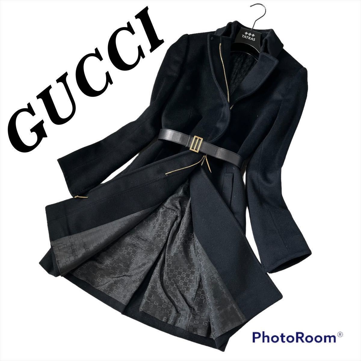 GUCCI グッチ GG柄 カシミヤ混 ロングコート 黒 ブラック 38サイズ ウール 金 ゴールド レディース イタリア製