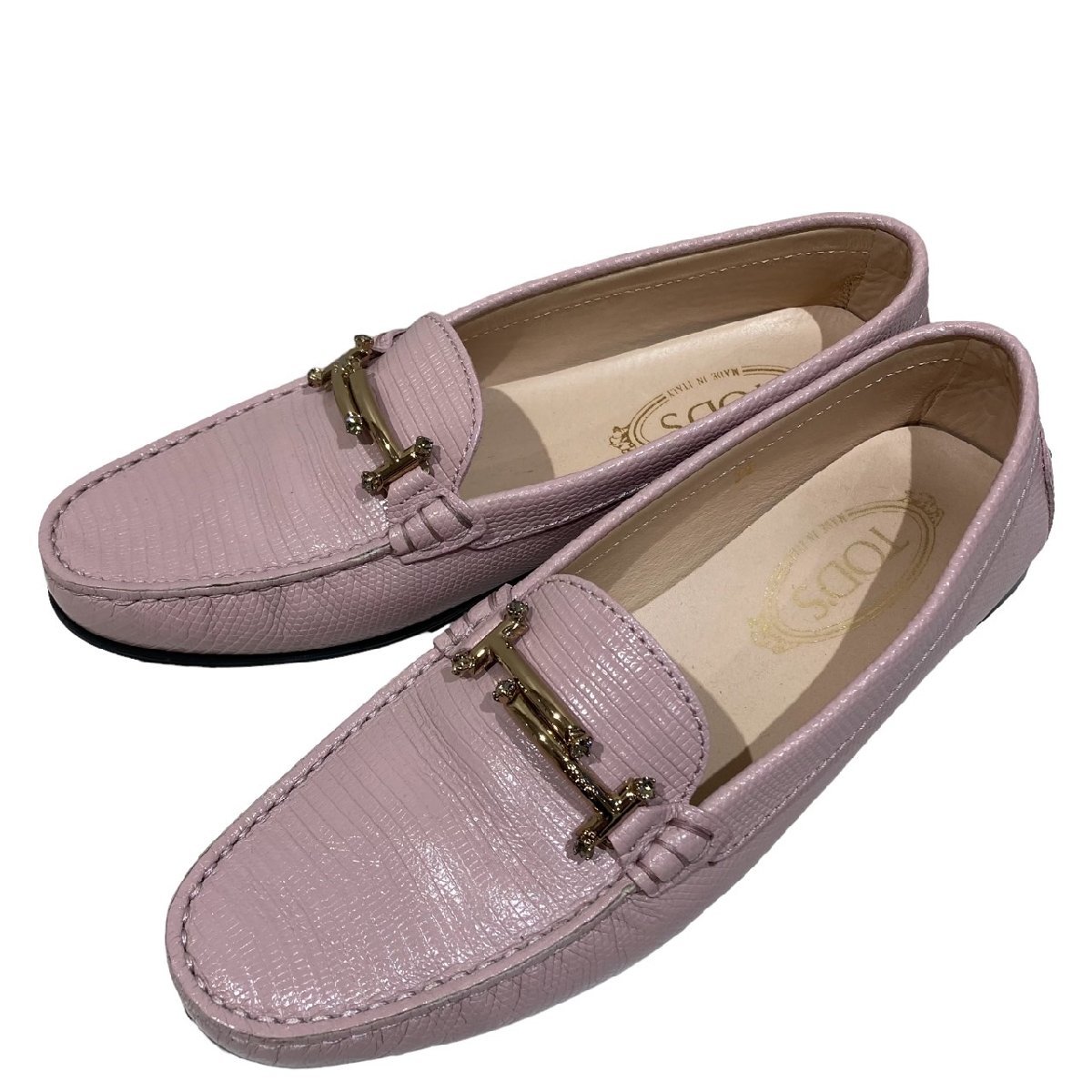 TOD'S トッズ 型押し ローファー ゴールド金具 ストーン レザー ピンク
