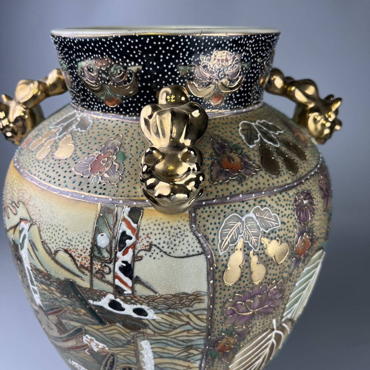 日本美術 薩摩焼 古薩摩 金彩 染錦 色絵 花瓶 陶器 陶磁器 大壺 花器