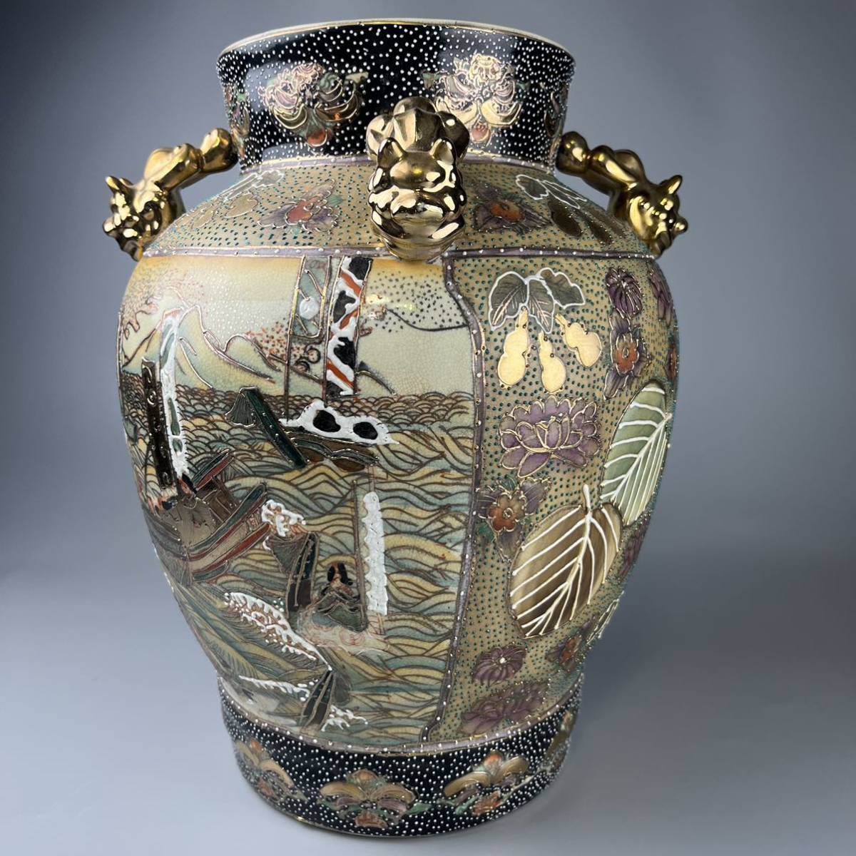 日本美術 薩摩焼 古薩摩 金彩 染錦 色絵 花瓶 陶器 陶磁器 大壺 花器