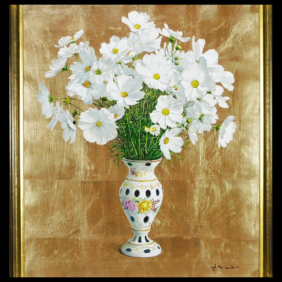 井阪仁 爽秋(コスモス)F10 油彩 額装 専用箱 琳派 写実 リアリズム 白