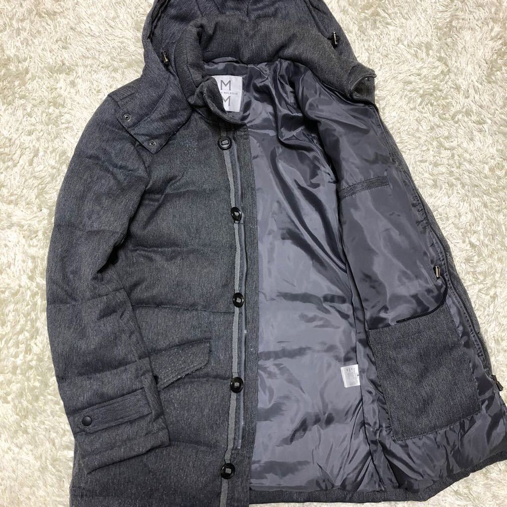 美品【超希少XLサイズ!】MEN'S MELROSE メンズメルローズ ダウンコート ロング【漂う高級感】ヘリンボーン フード 2way メンズ 羽織 グレー