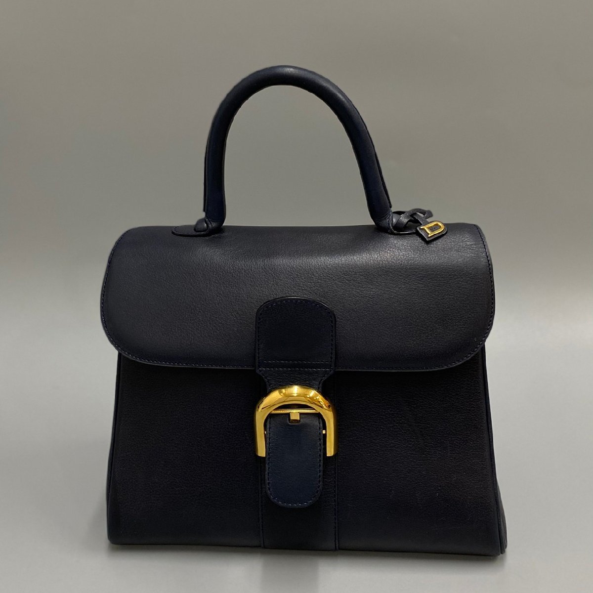 1円 極 美品 希少品 手鏡付き DELVAUX デルヴォー ブリヨンMM レザー 本革 金具 ハンドバッグ ミニ トートバッグ ネイビー 26488