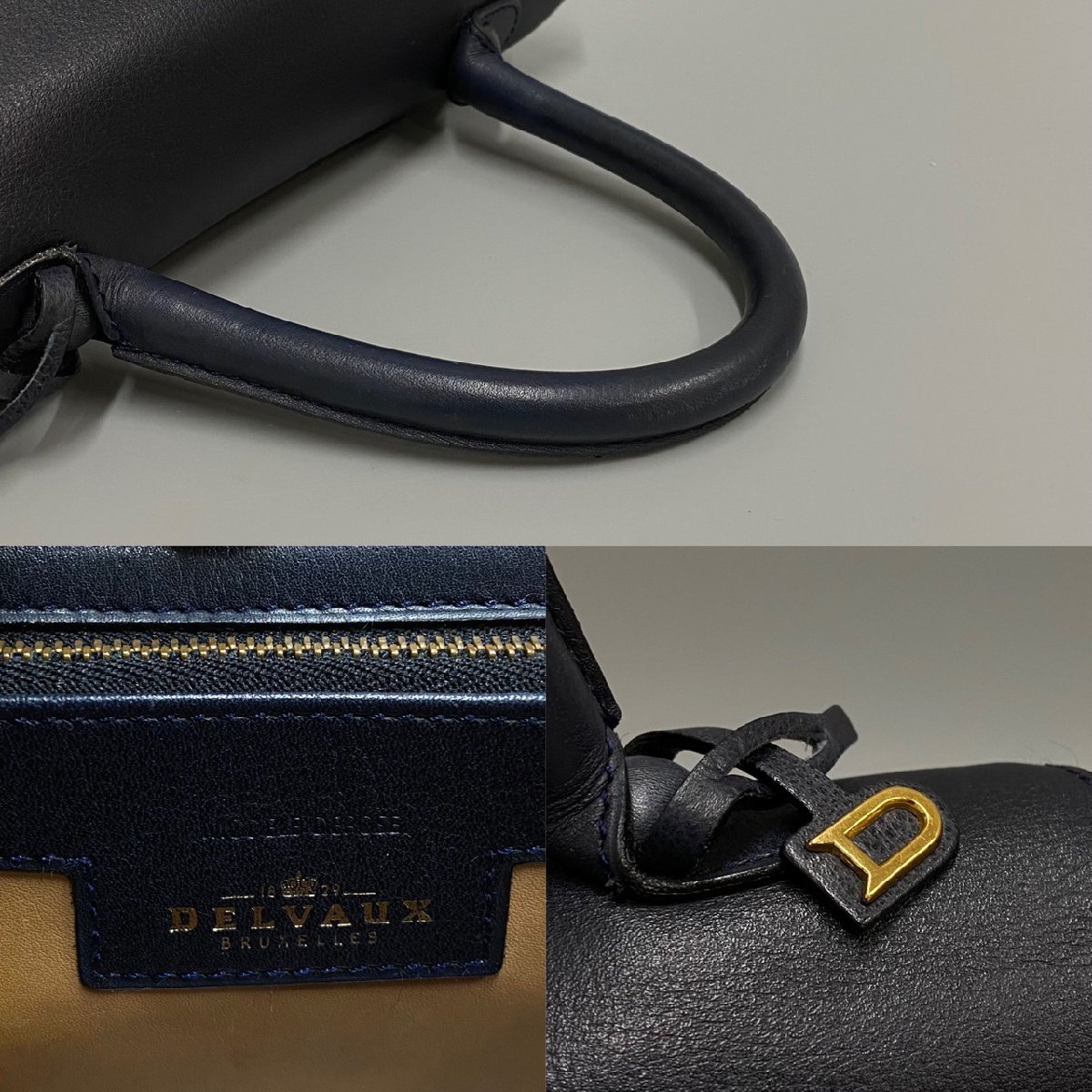 1円 極 美品 希少品 手鏡付き DELVAUX デルヴォー ブリヨンMM レザー 本革 金具 ハンドバッグ ミニ トートバッグ ネイビー 26488