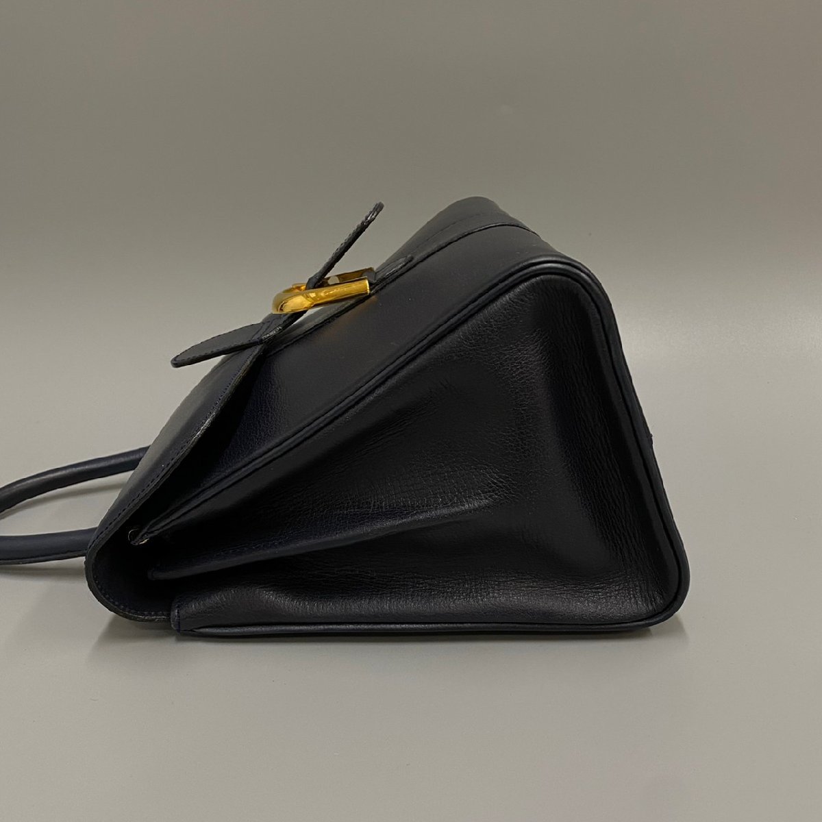 1円 極 美品 希少品 手鏡付き DELVAUX デルヴォー ブリヨンMM レザー 本革 金具 ハンドバッグ ミニ トートバッグ ネイビー 26488