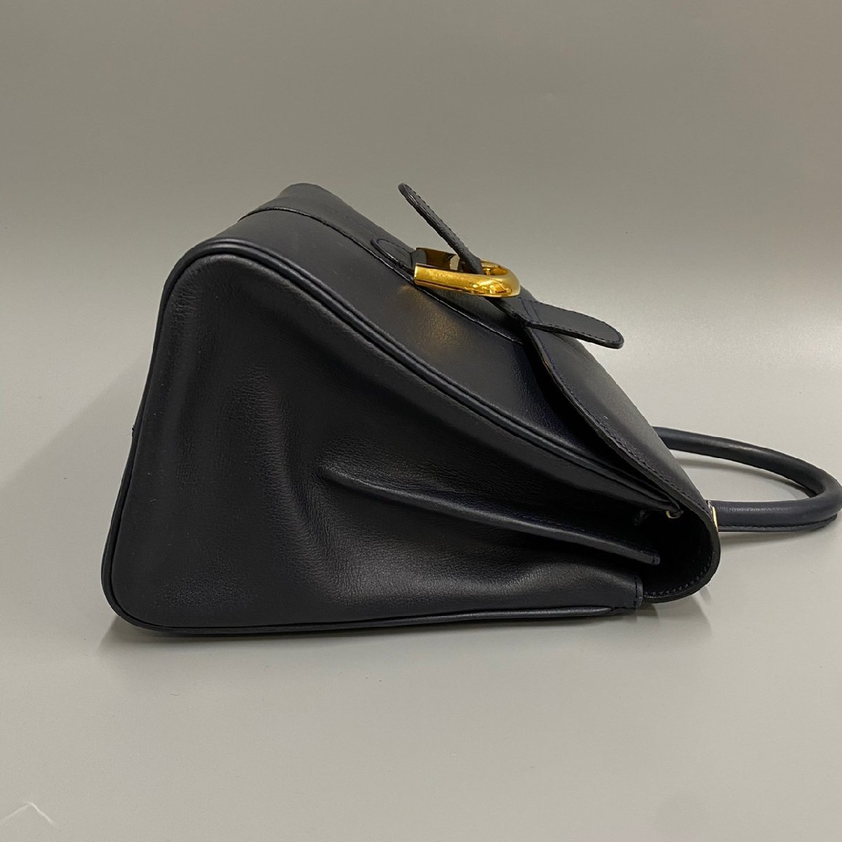 1円 極 美品 希少品 手鏡付き DELVAUX デルヴォー ブリヨンMM レザー 本革 金具 ハンドバッグ ミニ トートバッグ ネイビー 26488