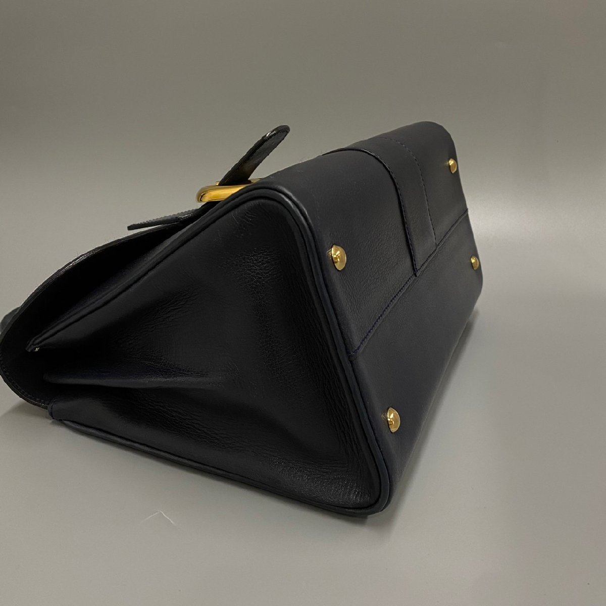 1円 極 美品 希少品 手鏡付き DELVAUX デルヴォー ブリヨンMM レザー 本革 金具 ハンドバッグ ミニ トートバッグ ネイビー 26488