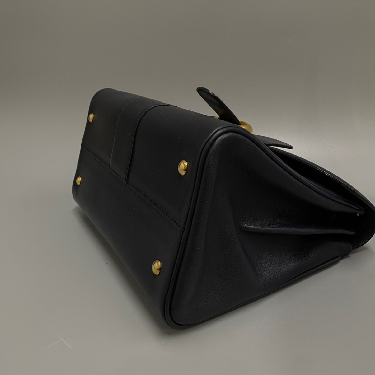 1円 極 美品 希少品 手鏡付き DELVAUX デルヴォー ブリヨンMM レザー 本革 金具 ハンドバッグ ミニ トートバッグ ネイビー 26488