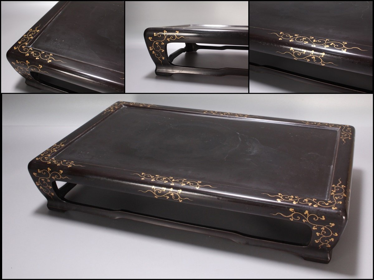 u-6131初蔵出し唐木台フジ印(在銘) 花台 漆 天然木 盆栽台