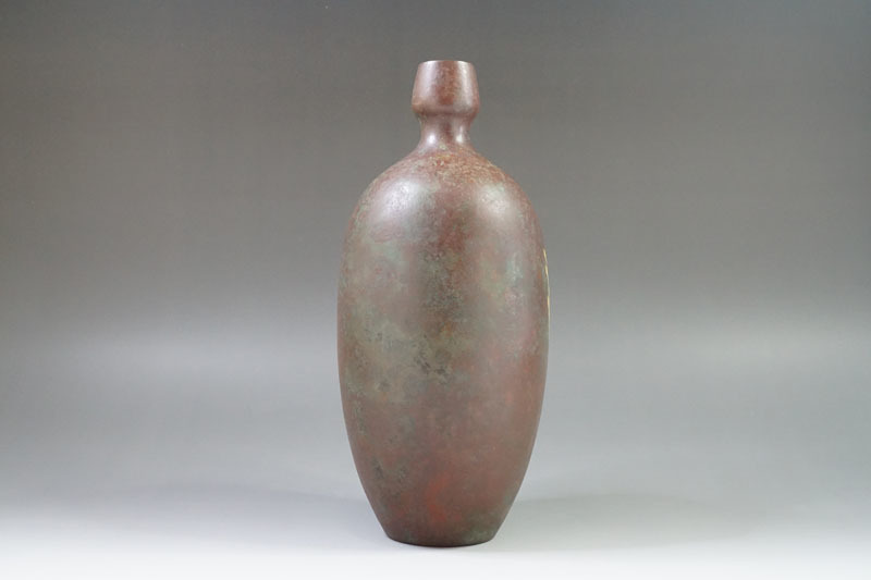 A192◇高岡銅器名工【可西泰三】 布目金象嵌青銅花瓶 共箱付 高23.5cm