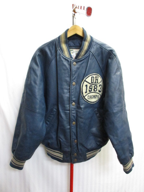 O.HENRY　Oヘンリー　80sヴィンテージ　リアルレザースタジアムジャンパー　メンズL　ウールレザースタジャン　牛革ジャンパー　紺01251
