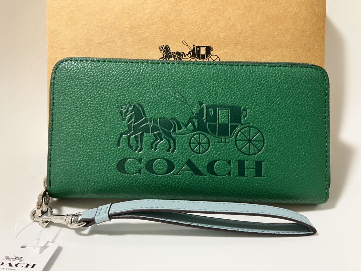 COACH コーチ 財布 長財布 グリーン 緑 馬車柄 ストラップ付 (男性用