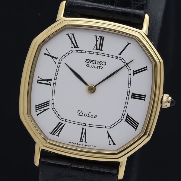 1円 稼働 良品 箱付 セイコー QZ 6020-5970 ドルチェ 10K×SS 白文字盤 ローマン オクタゴン メンズ腕時計 0012100★