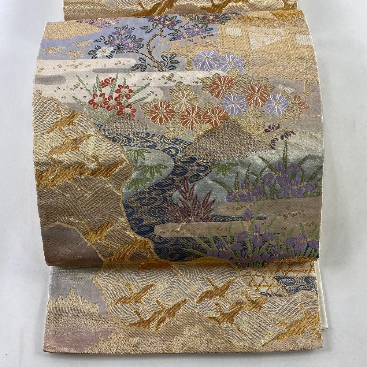 袋帯 美品 秀品 鶴 草花 金糸 箔 薄紫 六通 正絹 【中古】