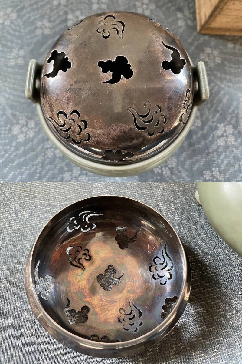 中国古玩 青磁 香炉 雲透銀火舎/銀火屋 共箱▽唐