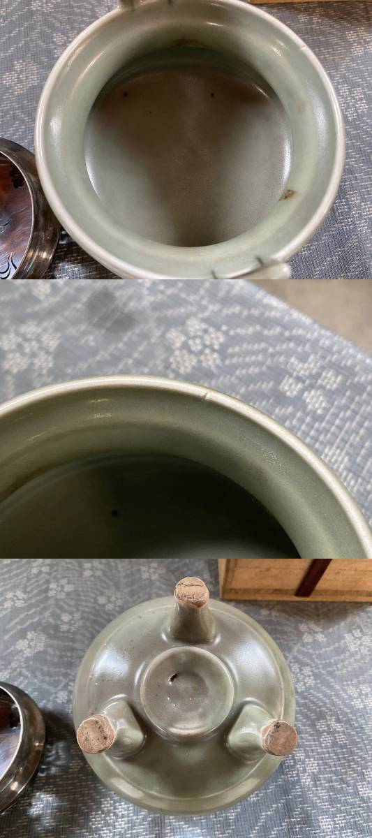 中国古玩 青磁 香炉 雲透銀火舎/銀火屋 共箱▽唐