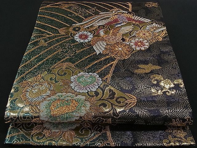 平和屋着物■両面　六通柄袋帯　立波菱花鳥文　金糸　逸品　an1128