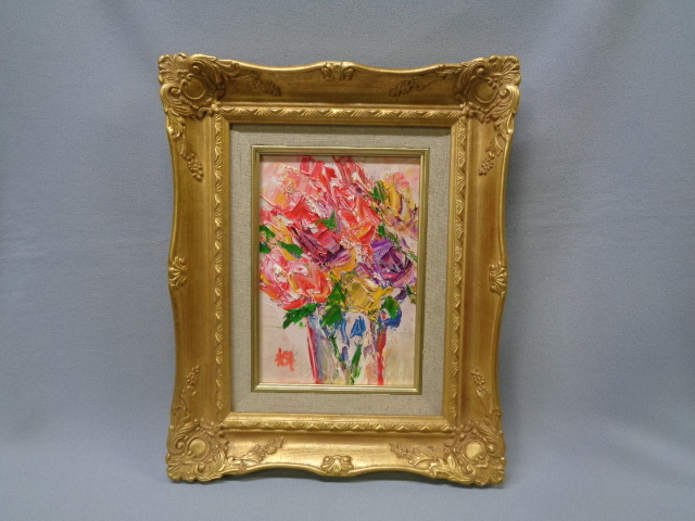 真作】 ♪ 額装 【縄稚輝雄】筆 「薔薇」 油絵 SM 日展入選 瑞宝双光