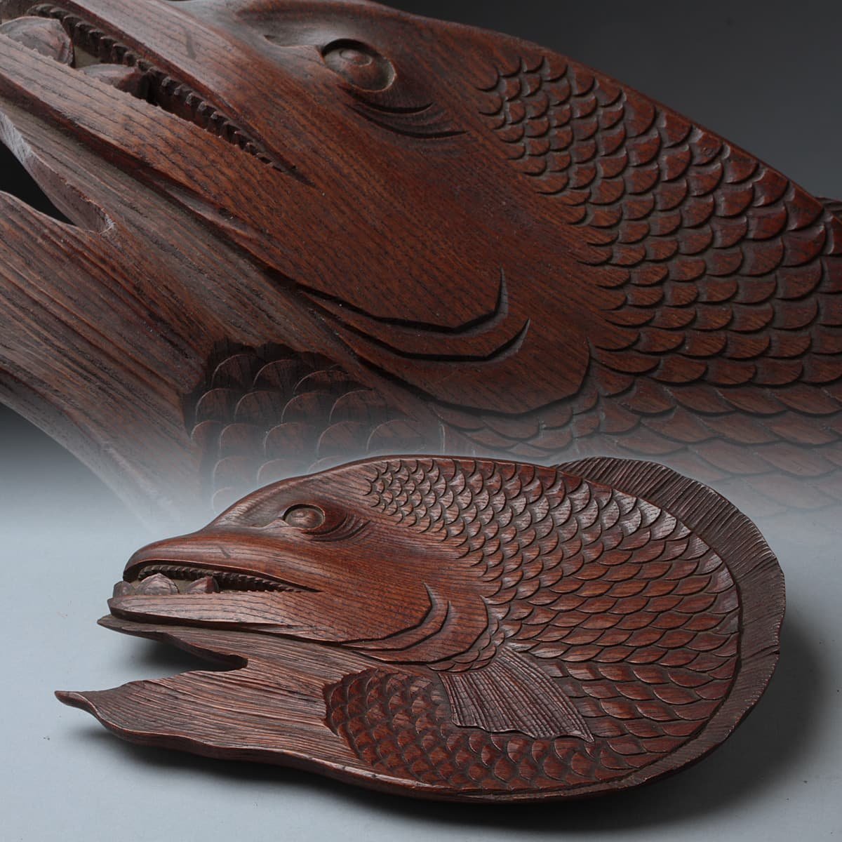 EG189 時代物 欅木地 木彫魚形盆 幅33.5cm 重490g・欅造魚形煎茶盆・木雕魚式茶盤・木彫魚型盆・ケヤキ盆 煎茶道具