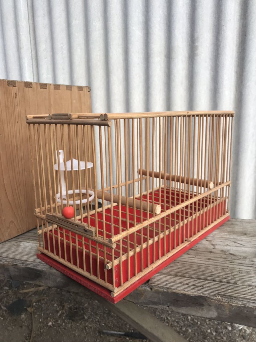 ◇アンティーク 鳥かご 竹製 鳥籠 めじろ箱 メジロ 鳥籠4点 専用木製