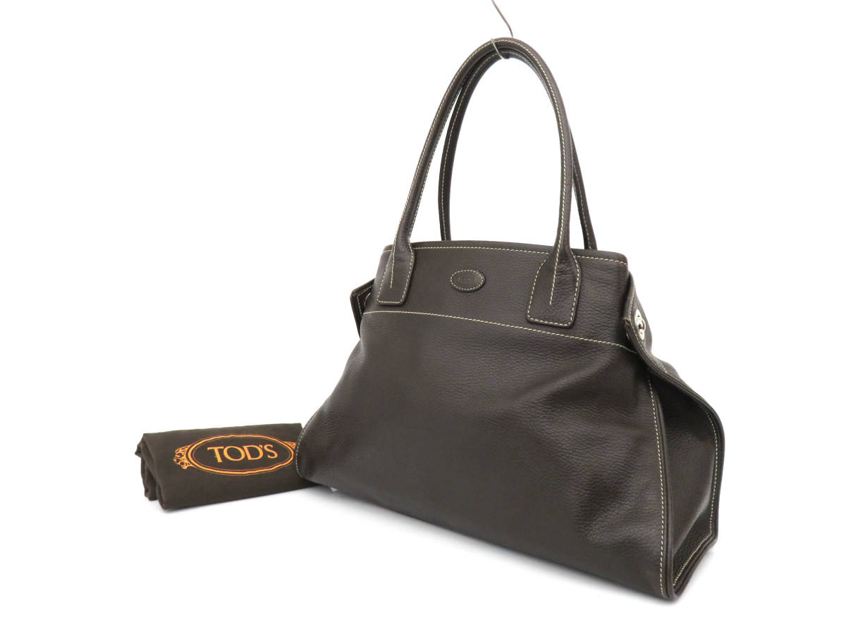 8541 美品 TOD'S トッズ ジレリ 本革 レザー ロゴ型押し ステッチ S金具 トートバッグ ハンドバッグ 鞄 茶 ブラウン イタリア製 保存袋付き