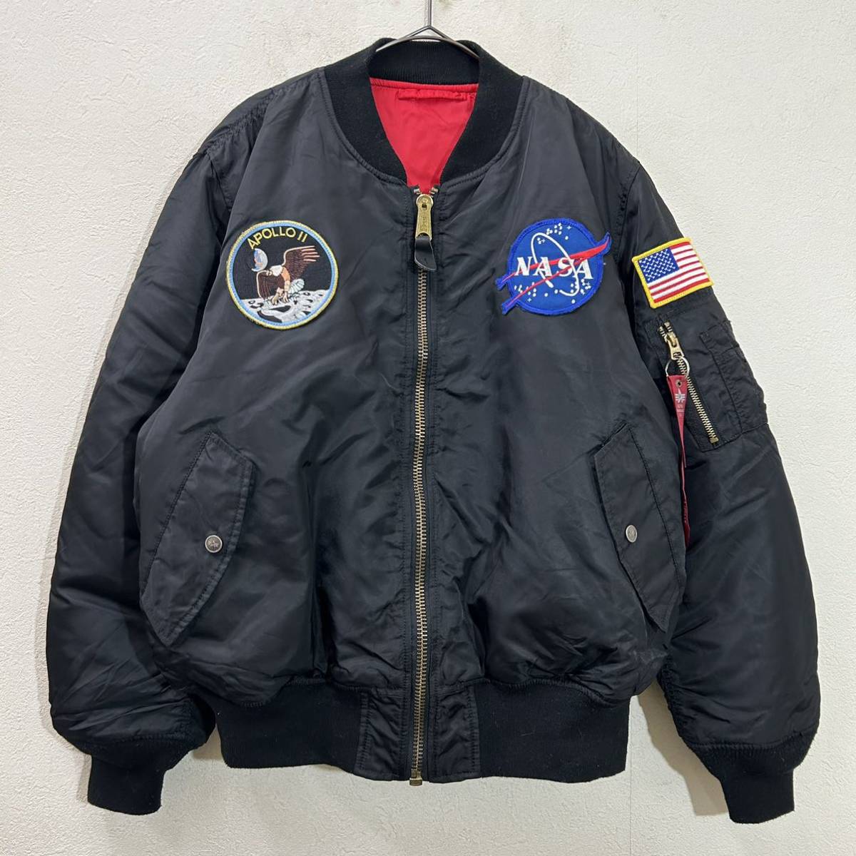 ALPHA アルファ NASAコラボ MA-1 フライトジャケット リバーシブル ブラック メンズ Lサイズ 中古 使用感あり APOLLO