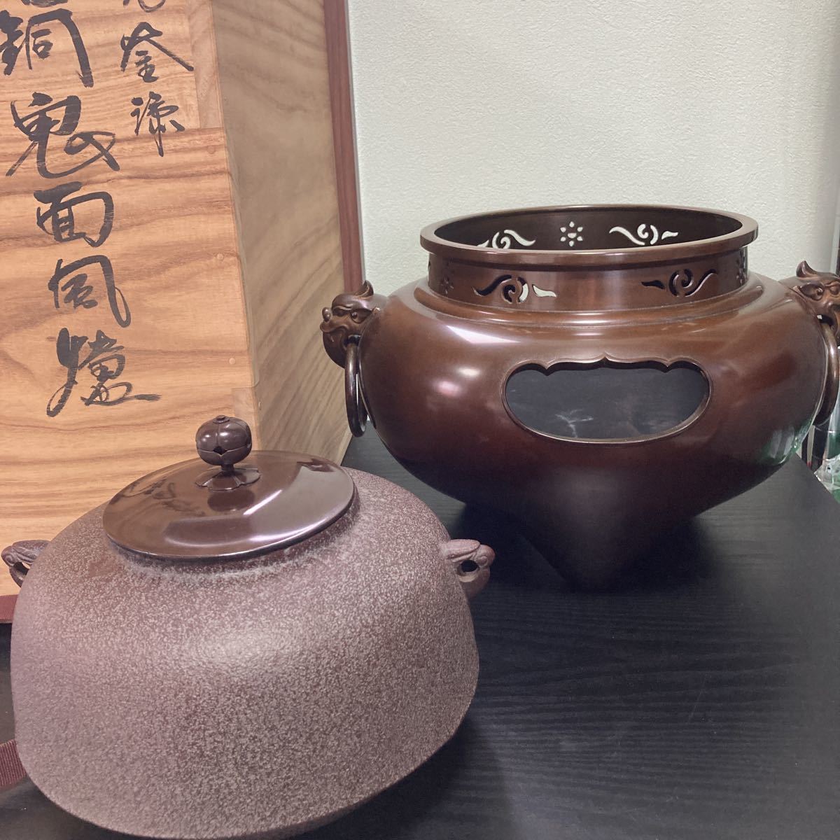 ◇錵◇2 中国古玩 大明宣徳年製 銅製 鳳凰彫刻大手提象嵌香炉 31.5cm