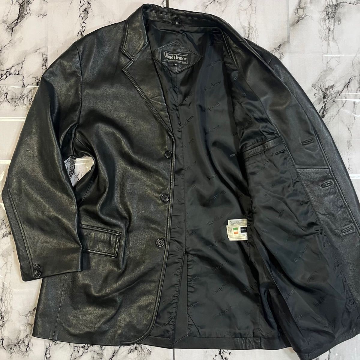 《超希少 極上品》 WIND ARMOR ウィンドアーマー　ラムレザー　ジャケット　羊革　メンズ　ブラック　黒　3Lサイズ　ブルゾン 1円スタート