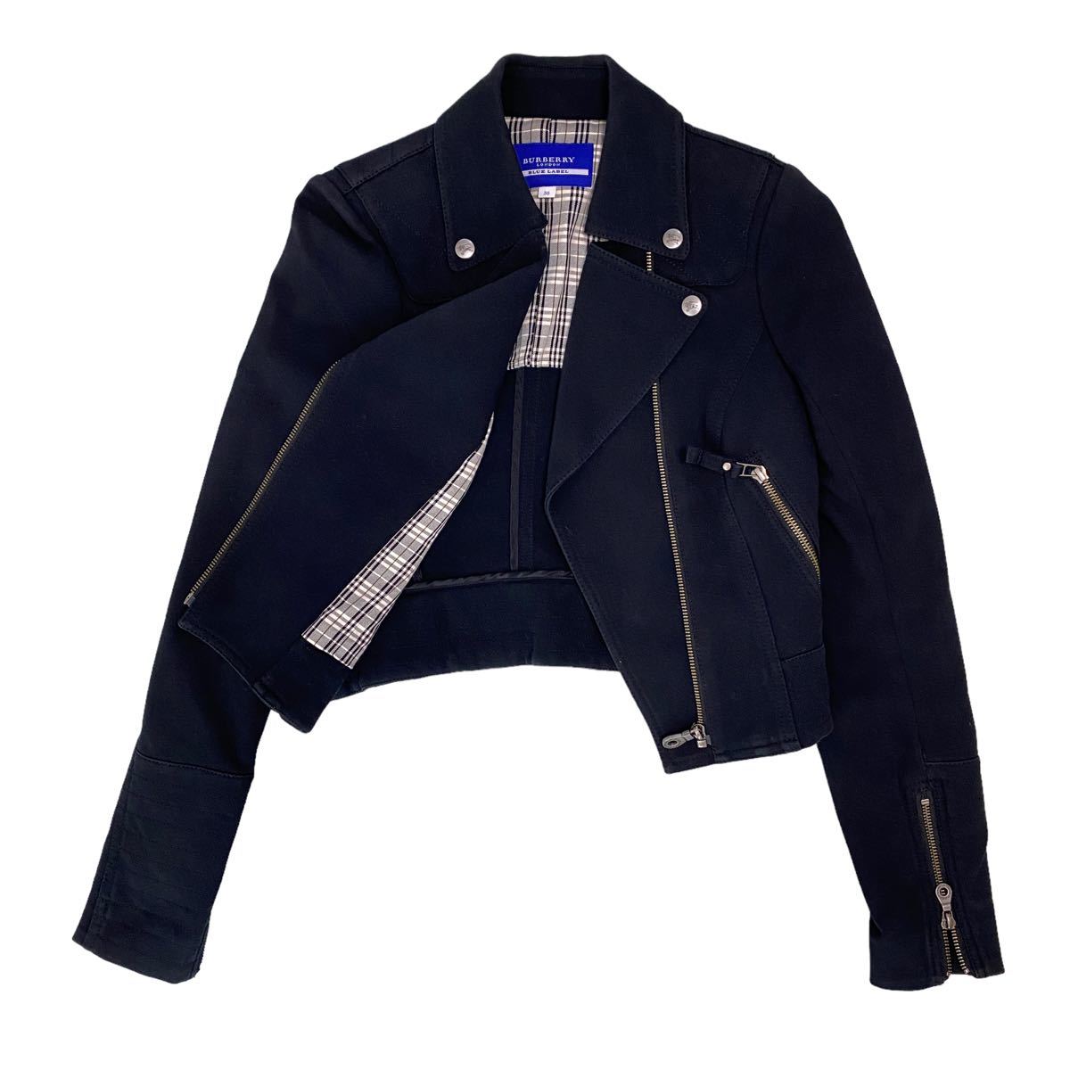 極美品 BURBERRY BLUE LABEL バーバリー ブルーレーベル コットン ダブルライダース ジャケット ノバチェック レディース38 黒