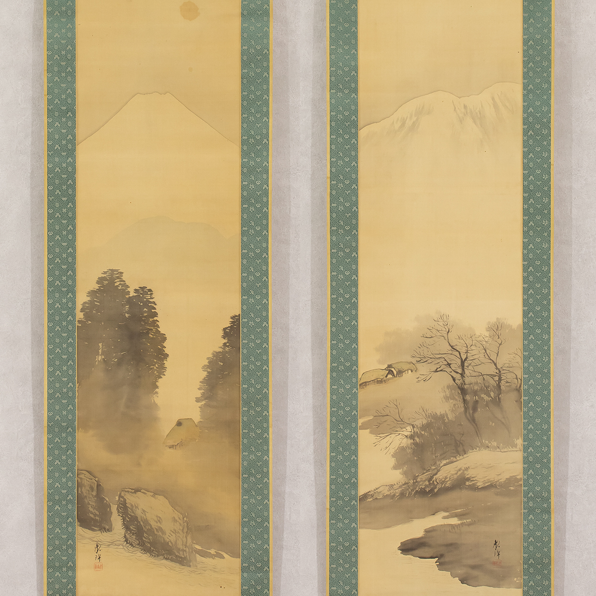 真作】掛軸〈田中頼璋〉山水図 双幅 合せ箱 森寛斎に学ぶ 田中 -