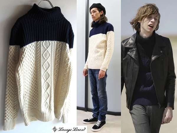 LOOK使用同型 LOUNGE LIZARD ラウンジリザード バイカラー フレンチウール タートルネックニット ケーブルニット 2 ネイビー ホワイト 紺白