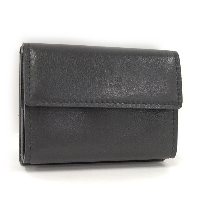 【中古】GUCCI Wフラップ 三つ折り財布 小銭入れ レザー ブラック 030.1502.1598