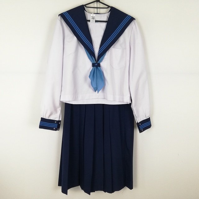 1円 セーラー服 スカート スカーフ 上下3点セット 大きいサイズ 中間服 青3本線 女子 学生服 高知南中学高校 白 制服 中古 ランクC NA9169