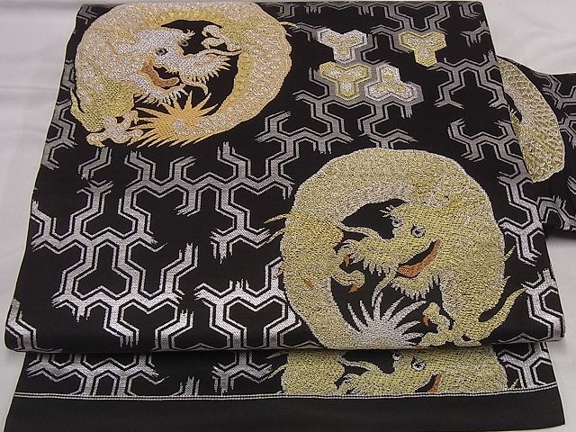 着物屋こころ□アンティーク 大正ロマン 九寸名古屋帯 手刺繍 花鳥文