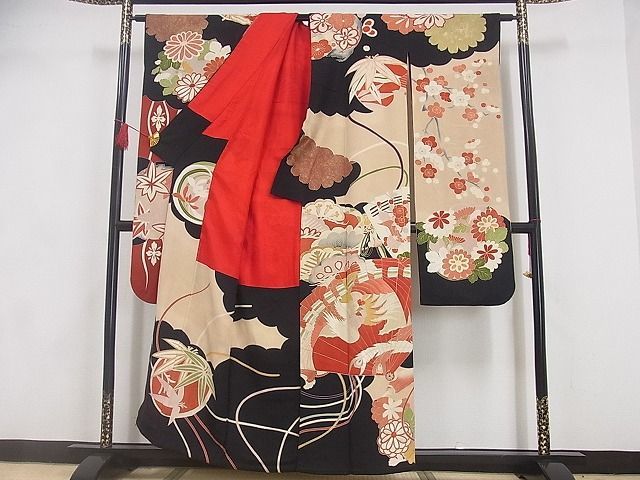 着物屋こころ□極上 アンティーク 大正ロマン 振袖 刺繍 扇面花鳥文
