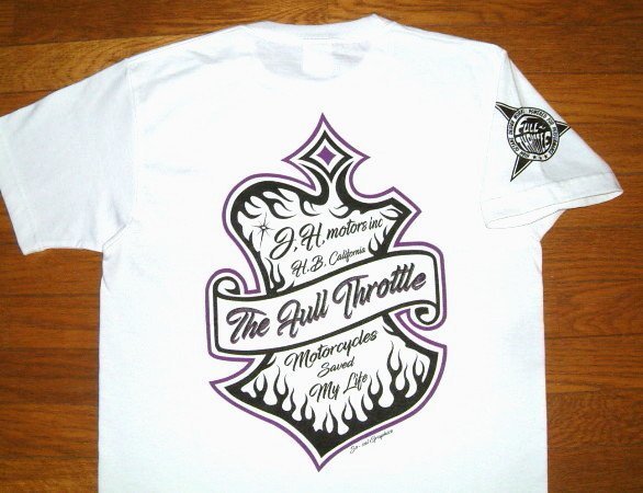 新品 フルスロットル コットン生地 プリント 半袖 Tシャツ (Lサイズ/白×紫) エンブレム ハーレーダビッドソン ピンストライプ バイカー